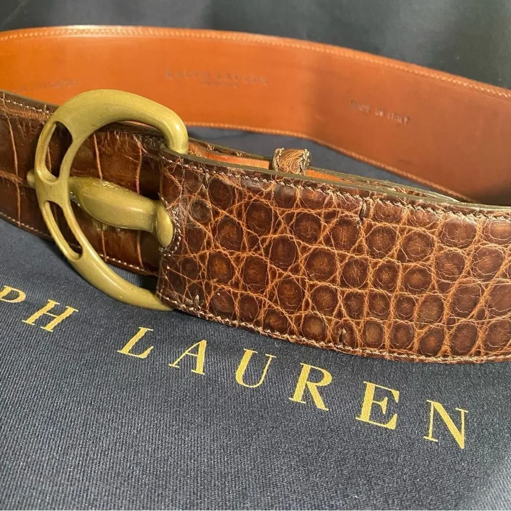 *Vintage Fall 2006 Runway Collection Brown Alligator Brass Buckle Contour Belt - Picture 15 of 16